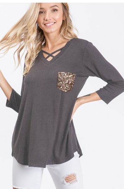 Charcoal Crisscross Top With Sequin Pocket