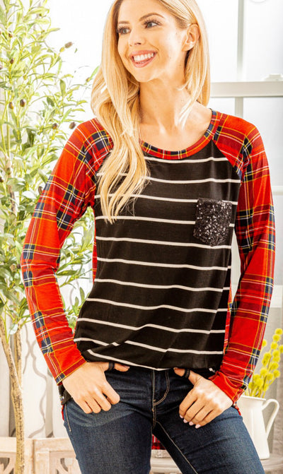 Stripe And Plaid Sequin Pocket Top
