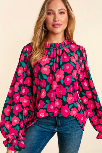 Magenta Floral Bubble Sleeve Top