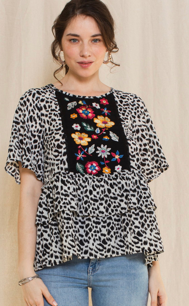 Leopard Print Lace Trimmed Embroidered Top