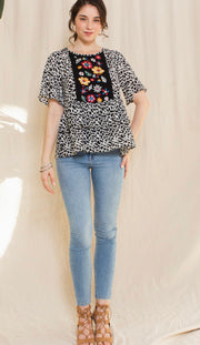 Leopard Print Lace Trimmed Embroidered Top