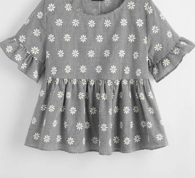 Daisy Embroidered Checkered Top